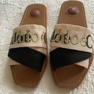 BRAND NEW Black and white slides w gold embroidery